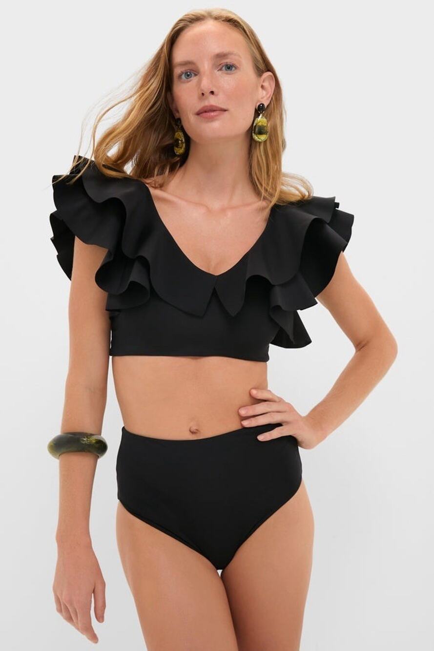 NWT Maygel Coronel Mila Two Piece Black Ruffle High Waist Swimsuit OS